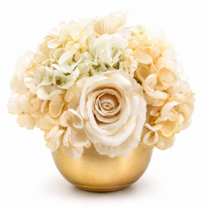 Ampolla Centrotavola oro con Rose Panna e Ortensie Profumate Ø 28