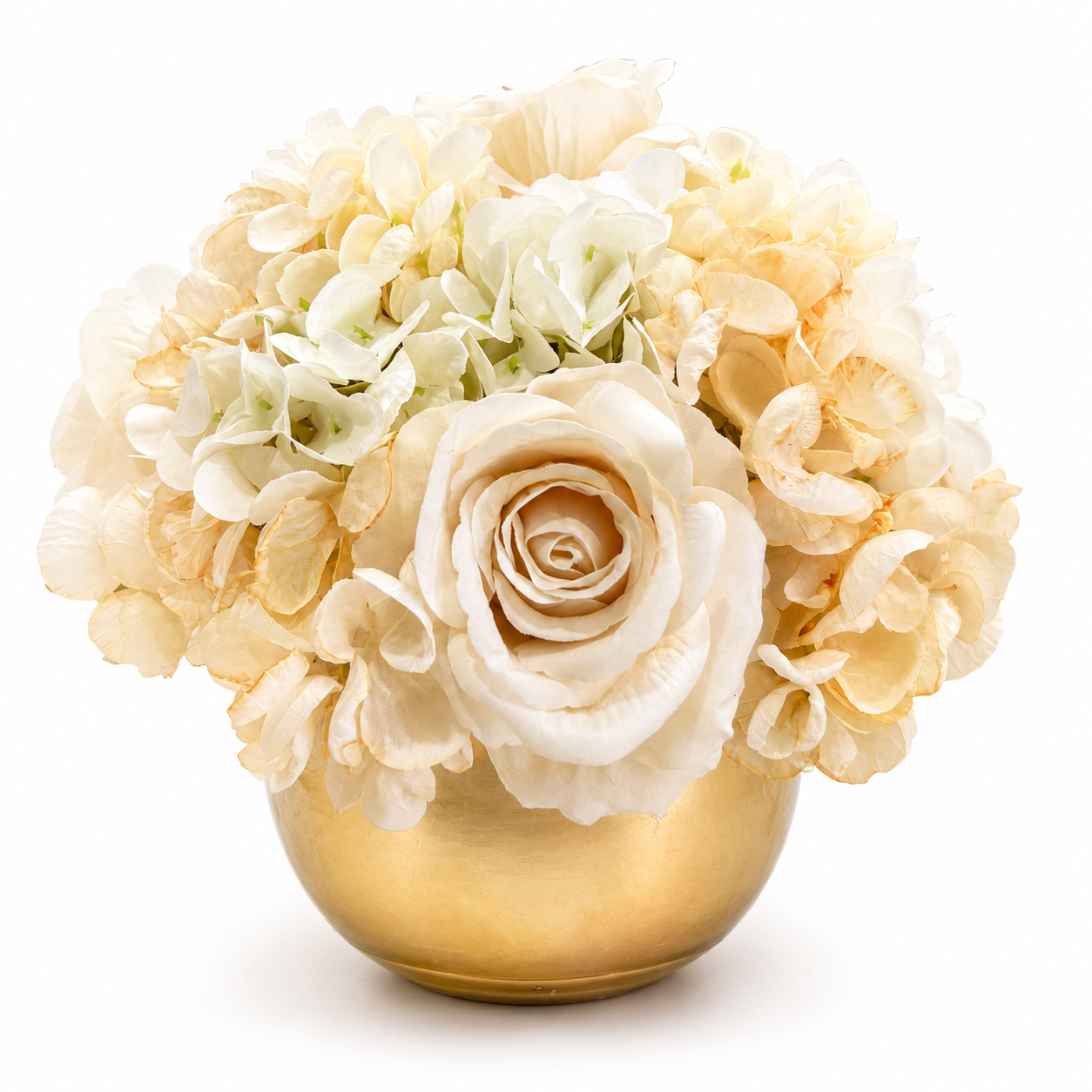 Ampolla Centrotavola oro con Rose Panna e Ortensie Profumate Ø 28