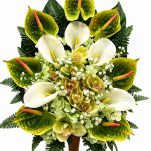 Composizione fiori artificiali per cimitero con vasetto - Anthurium, Calle e Orchidee