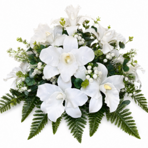 Composizione per tomba con fiori artificiali - Tonda con Cattleya Bianche in Vetroresina per Tomba