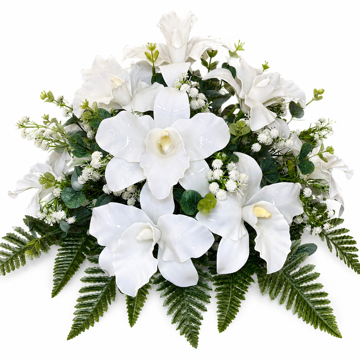 Composizione per tomba con fiori artificiali – Tonda con Cattleya Bianche in Vetroresina per Tomba