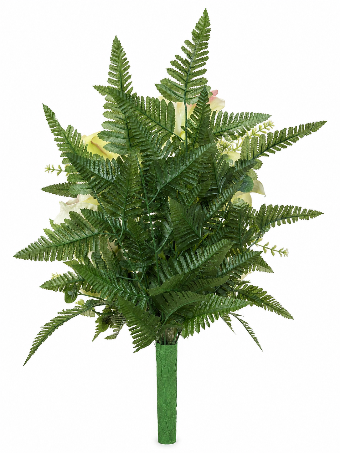 Mazzo di fiori artificiali in vetroresina per cimitero – 4 catleya vetroresina verdi e 3 anthurium in silicone bianchi - immagine 3