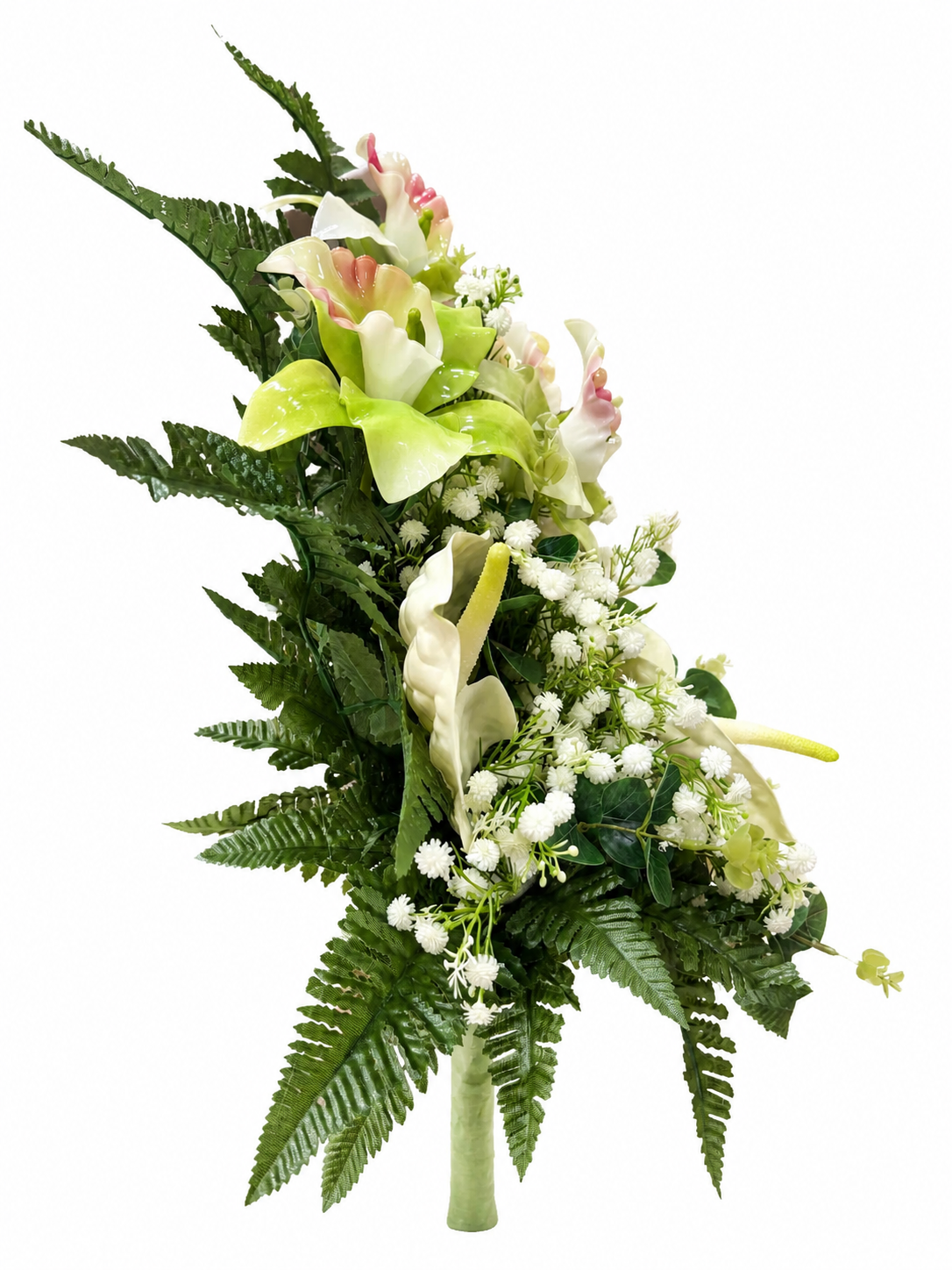 Mazzo di fiori artificiali in vetroresina per cimitero – 4 catleya vetroresina verdi e 3 anthurium in silicone bianchi - immagine 2