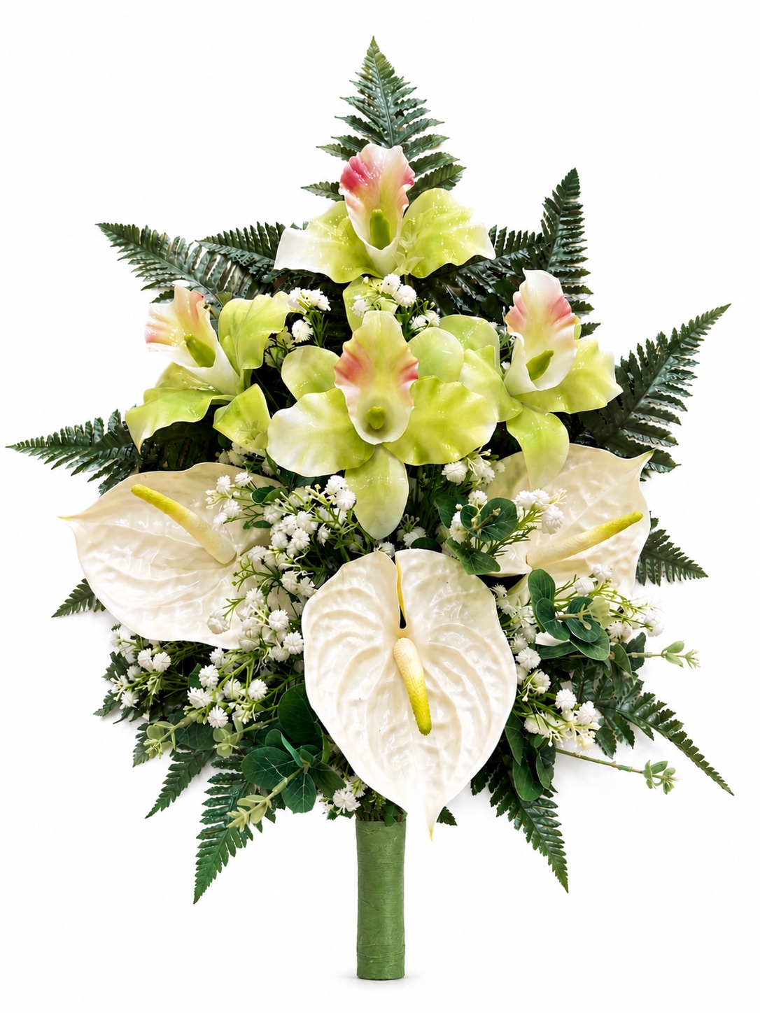 Mazzo di fiori artificiali in vetroresina per cimitero – 4 catleya vetroresina verdi e 3 anthurium in silicone bianchi