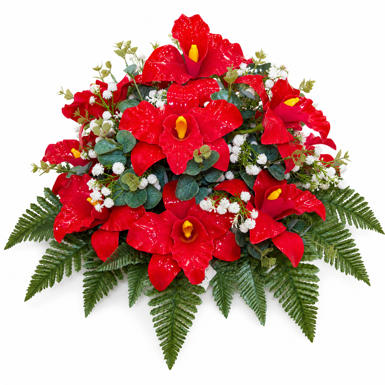 Composizione per tomba con fiori artificiali – Tonda con Cattleya Rosse in Vetroresina per Tomba