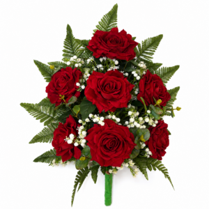Fiori artificiali per cimitero mazzo con sette rose rosse in velluto