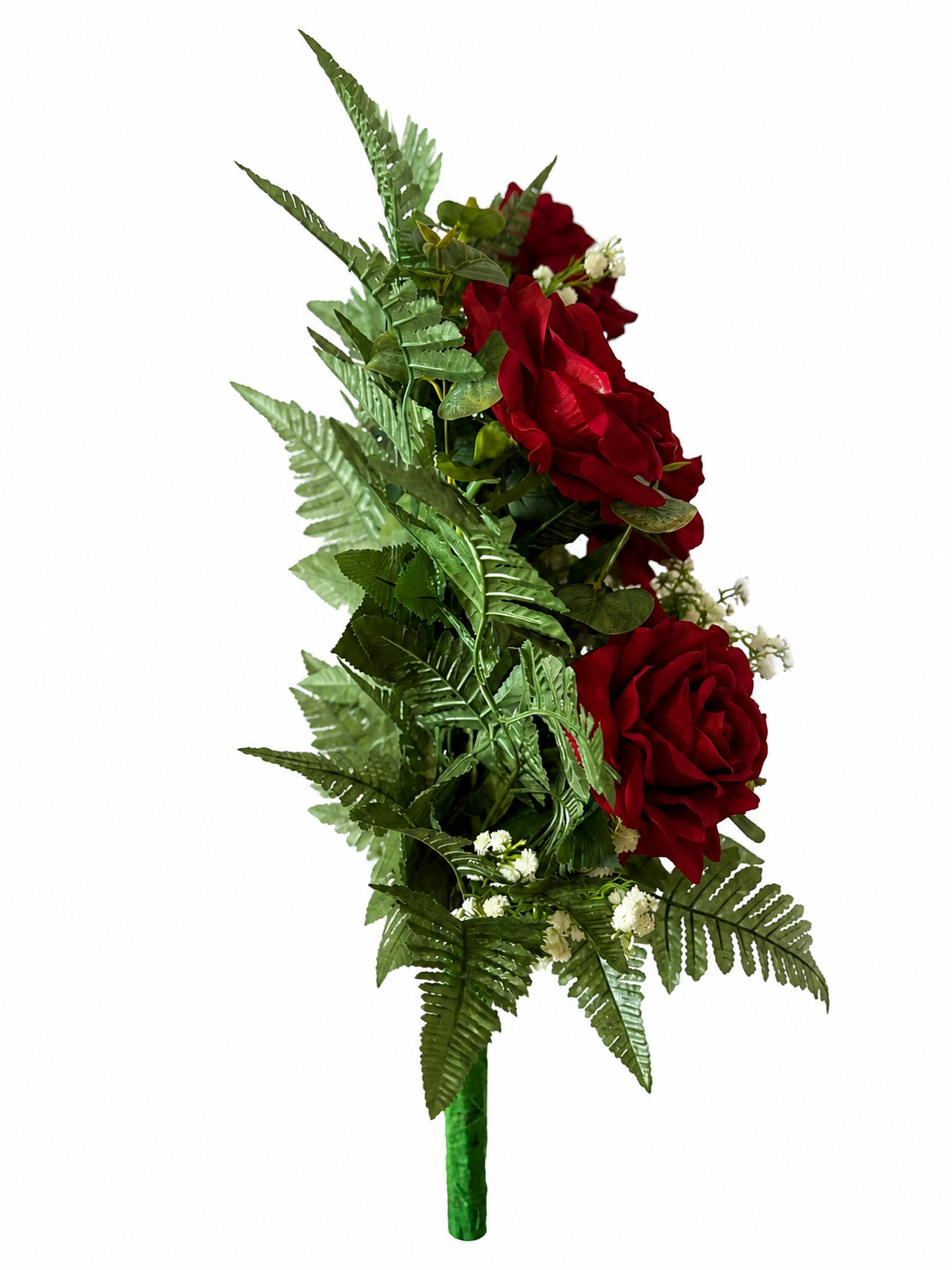 Fiori artificiali per cimitero mazzo con sette rose rosse in velluto - immagine 3