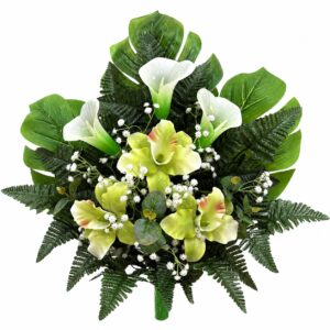 Fiori artificiali per cimitero tre Catleya verde e tre calle in vetroresina – Composizione per loculi