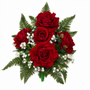 Fiori artificiali per cimitero mazzo con cinque rose rosse in velluto