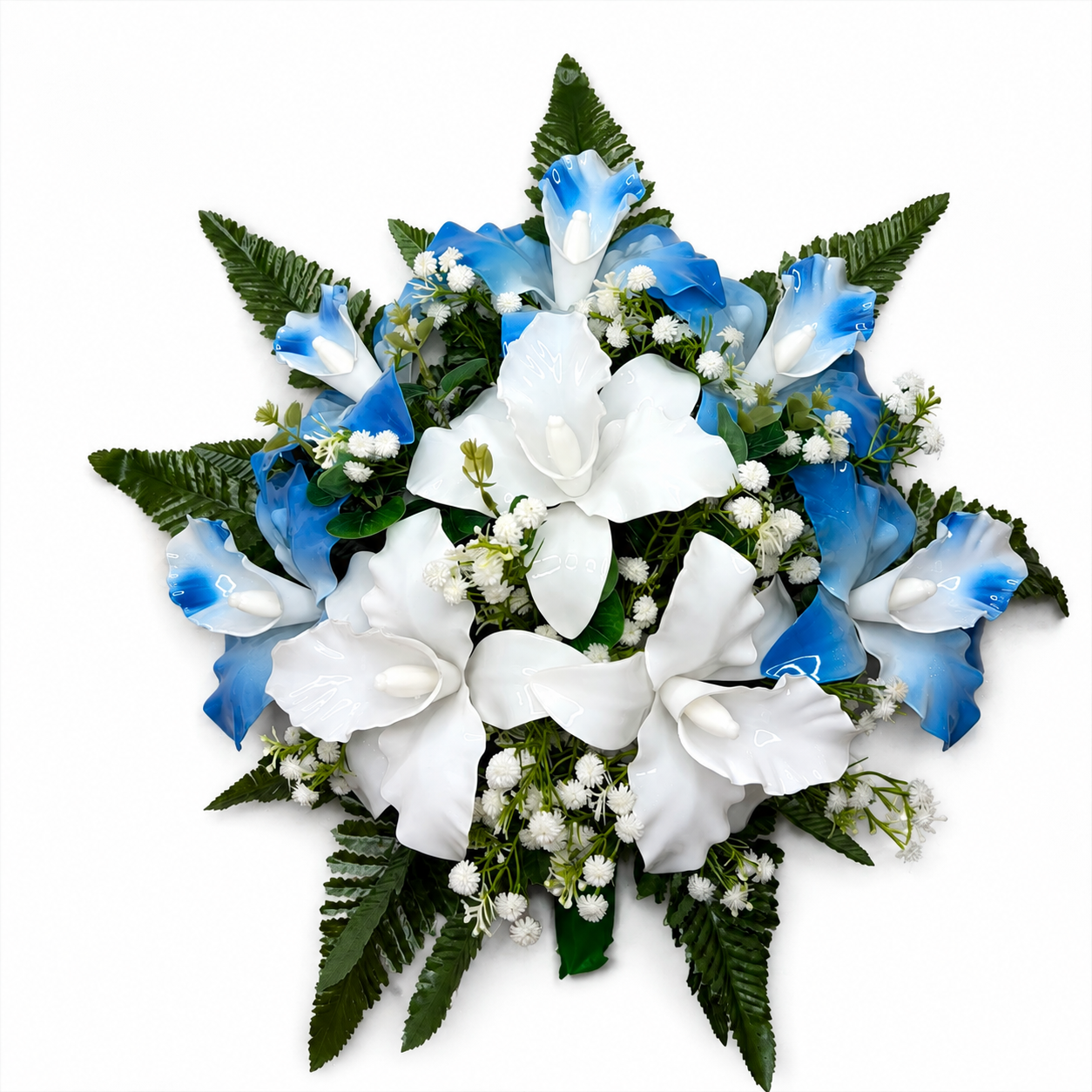 Mazzo di fiori artificiali in vetroresina per cimitero – otto catleya blu e bainche