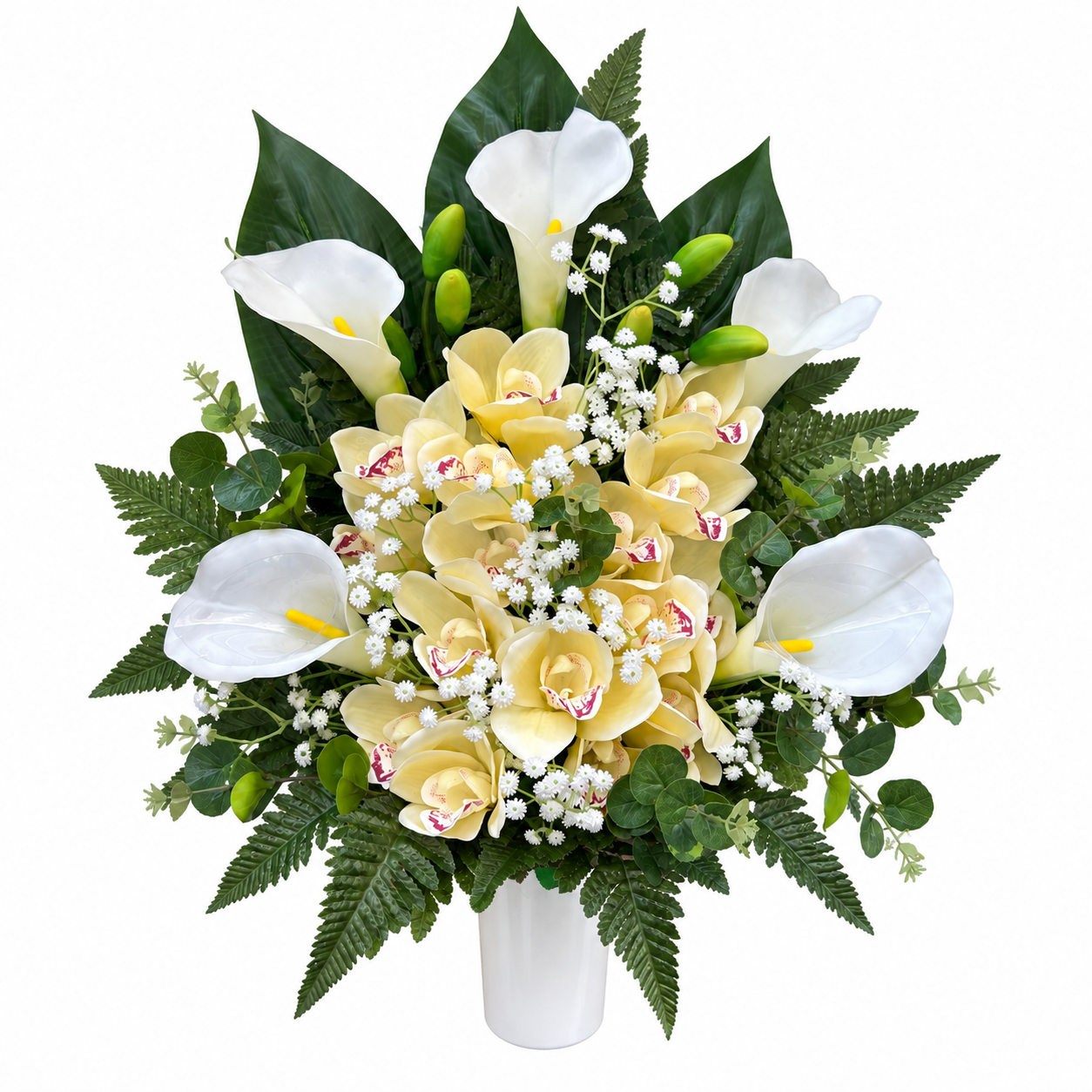 Composizione di fiori artificiali per cimitero con Calle bianche e Orchidee gialle natural touch
