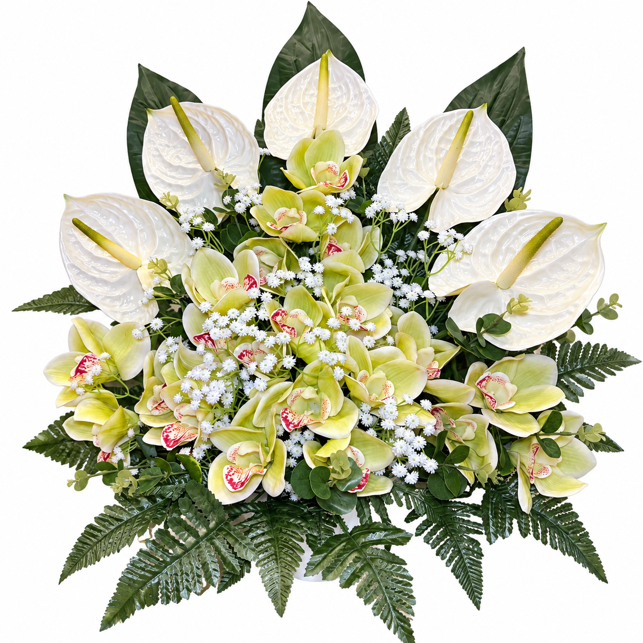 Composizione floreale artificiale da terra per tomba con orchidee verdi  e anthurium bianchi