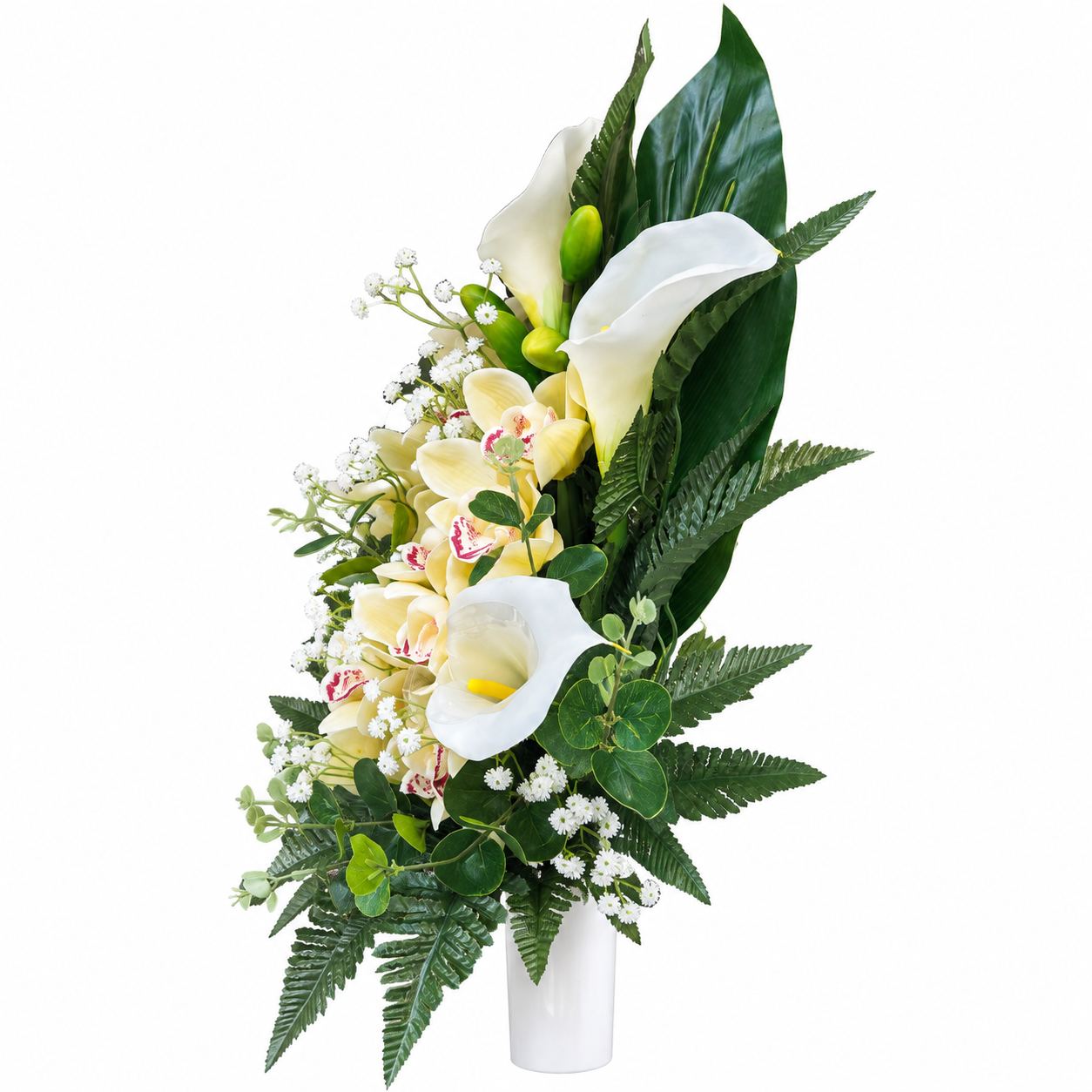 Composizione di fiori artificiali per cimitero con Calle bianche e Orchidee gialle natural touch - immagine 2