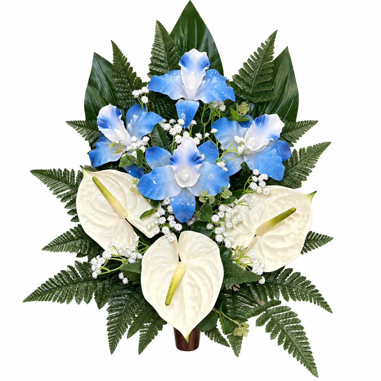 Composizione di fiori artificiali per cimitero – 4 catleya vetroresina blu e 3 anthurium in silicone bianchi