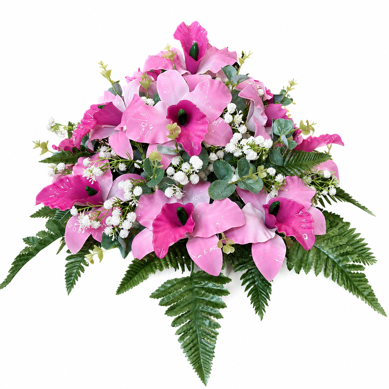 Composizione per tomba con fiori artificiali – Tonda con Cattleya Lavander in Vetroresina per Tomba