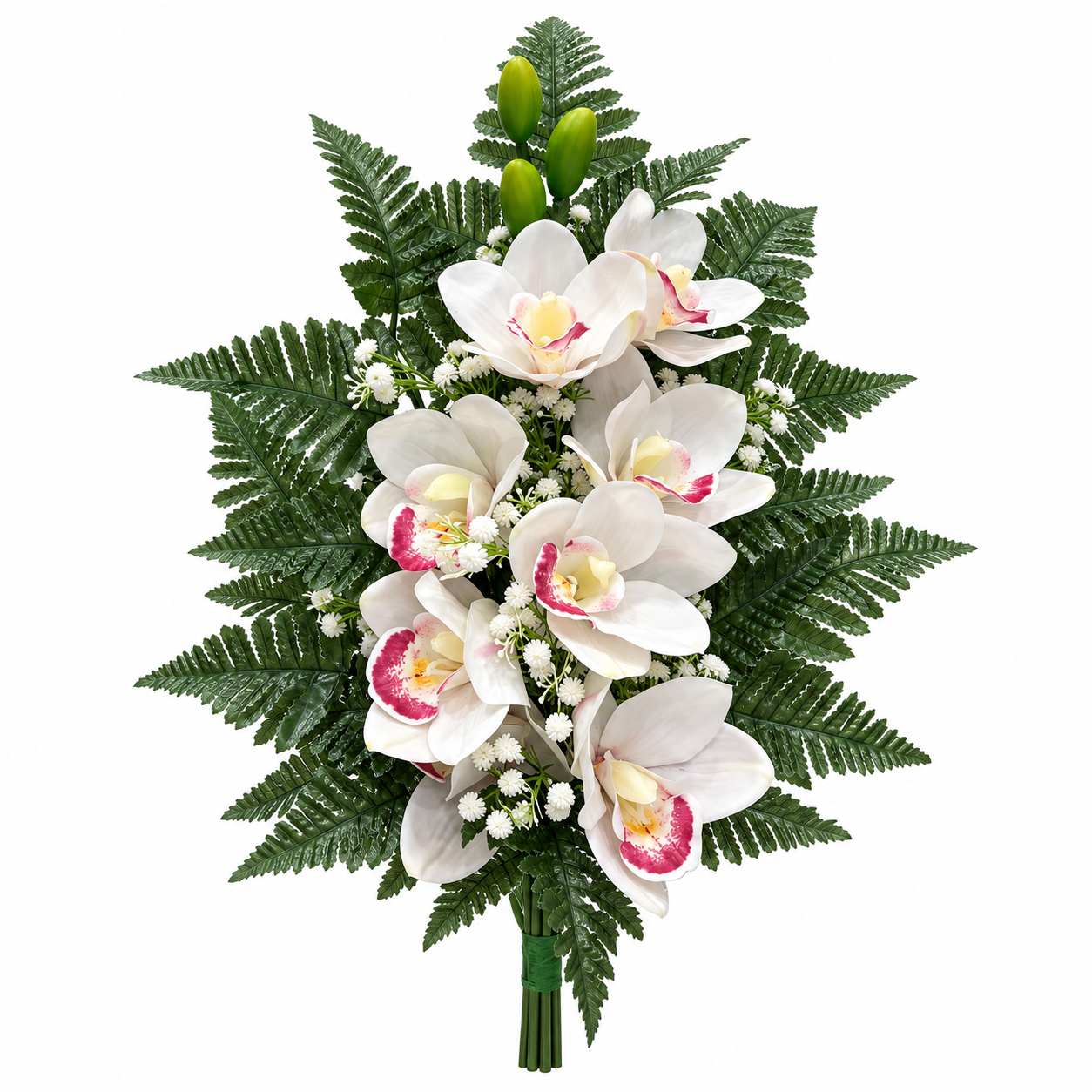 Mazzo fiori artificiali per cimitero con orchidee in silicone bianca