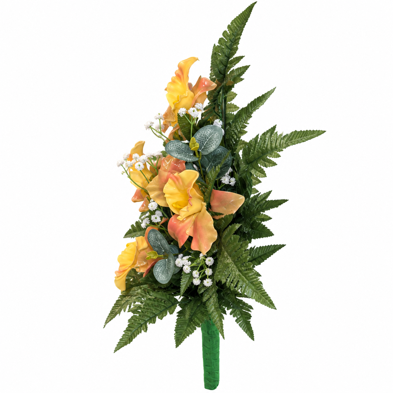 Fiori artificiali per cimitero mazzo con cinque catleya in vetroresina – Arancio - immagine 2
