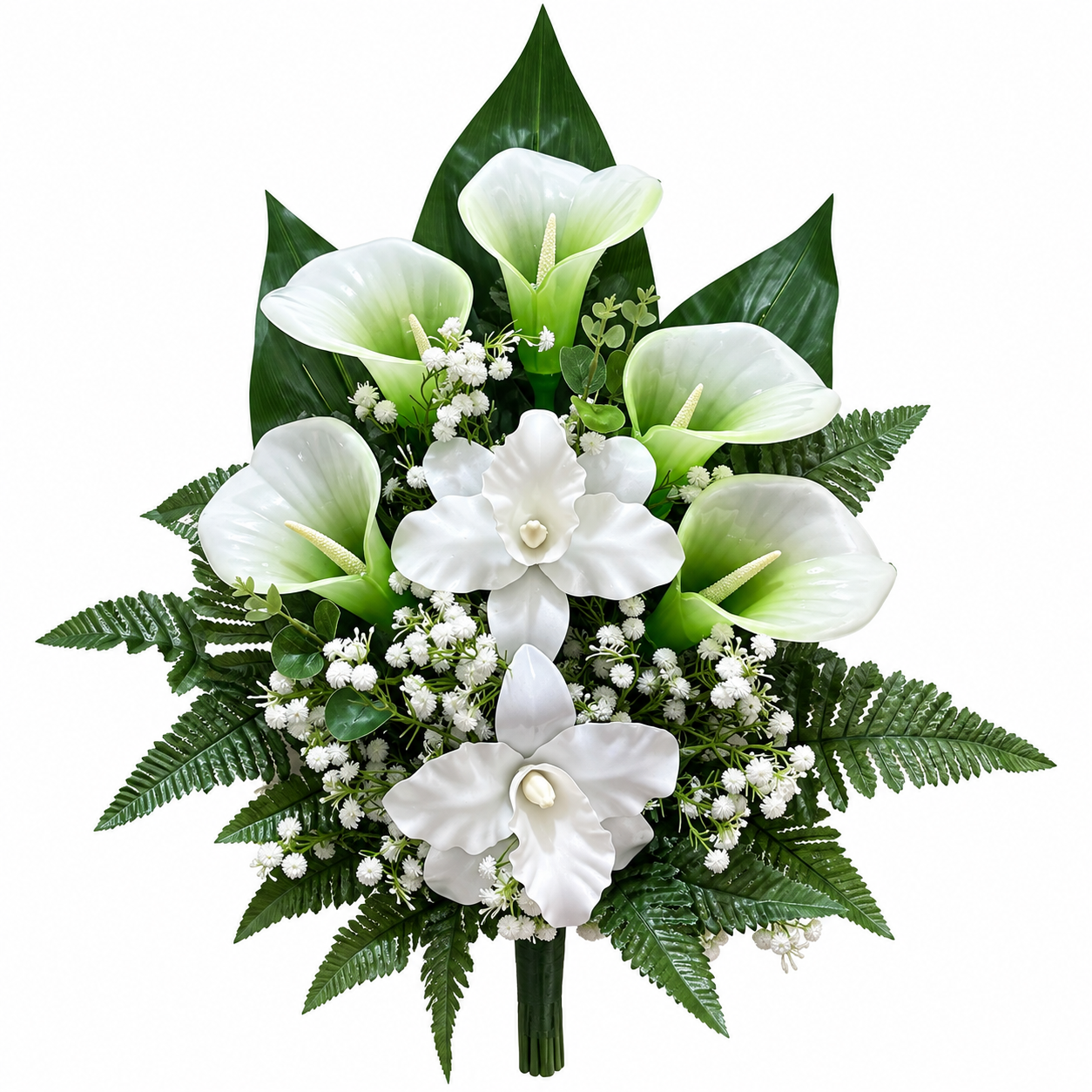 Mazzo di fiori artificiali in vetroresina per cimitero – 5 calle in vetroresina bianche e 2 catleya in vetroresina bianche