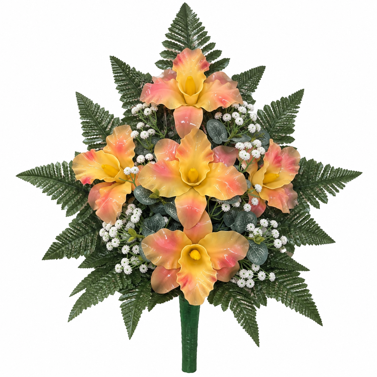 Fiori artificiali per cimitero mazzo con cinque catleya in vetroresina – Arancio