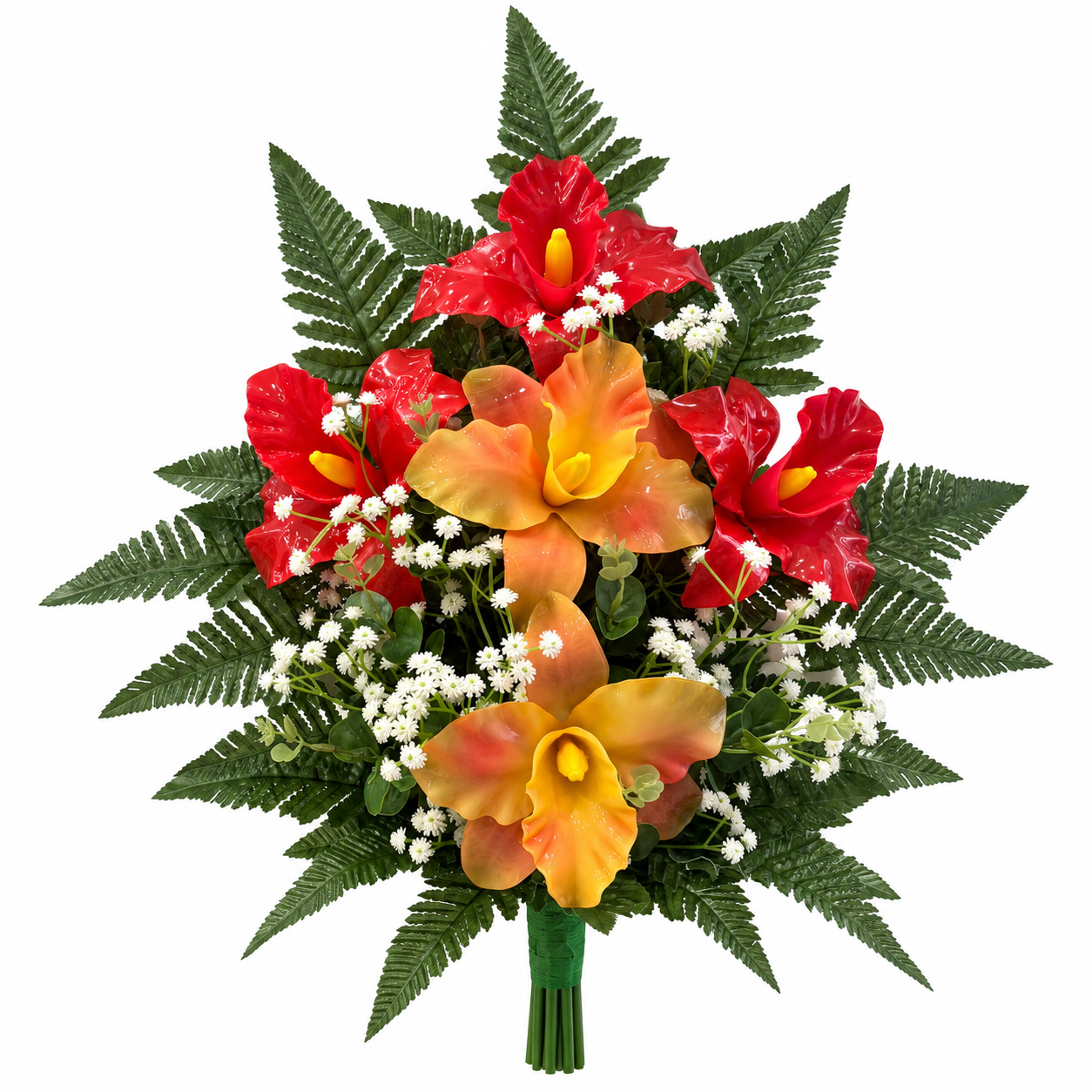 Fiori artificiali per cimitero mazzo con cinque catleya in vetroresina - 3 catleya rosse e 2 arancio