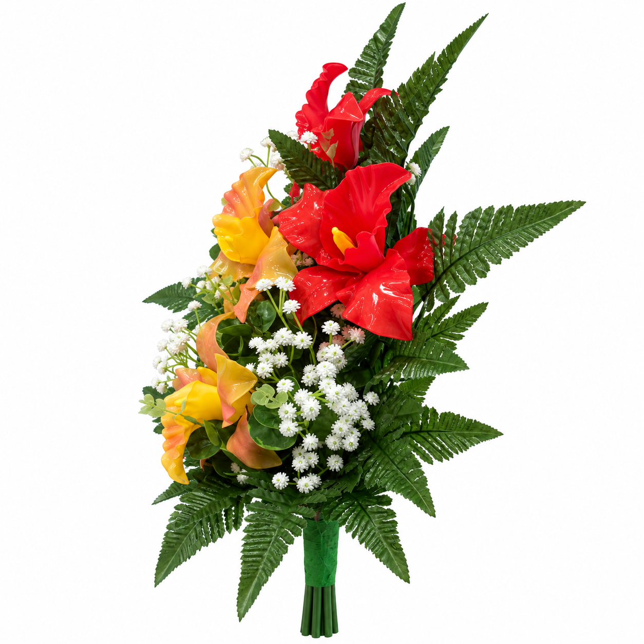 Fiori artificiali per cimitero mazzo con cinque catleya in vetroresina - 3 catleya rosse e 2 arancio - immagine 2