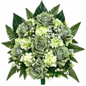 Fiori artificiali per cimitero mazzo con 7 rose in velluto e ortensie in silicone
