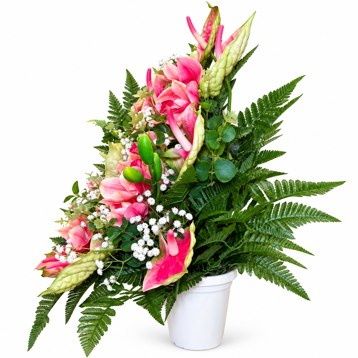 Fiori artificiali per cimitero - composizione da terra con anthurium e orchidee in silicone effetto naturale - immagine 3