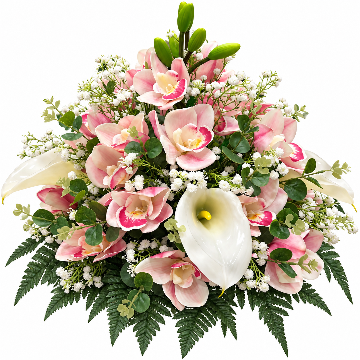 Composizione Tonda Fiori Artificiali per Cimitero con Orchidee Rosa e Calle Bianche