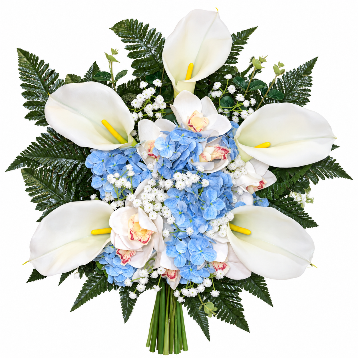 Mazzo Fiori Artificiali per Cimitero con Calle Bianche, Ortensie Azzurre e Orchidee in Silicone
