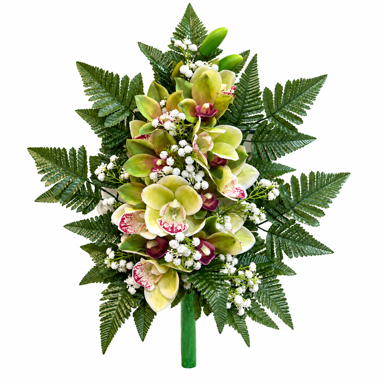 Fiori per cimitero Mazzo fiori artificiali con orchidee in silicone e tessuto verde
