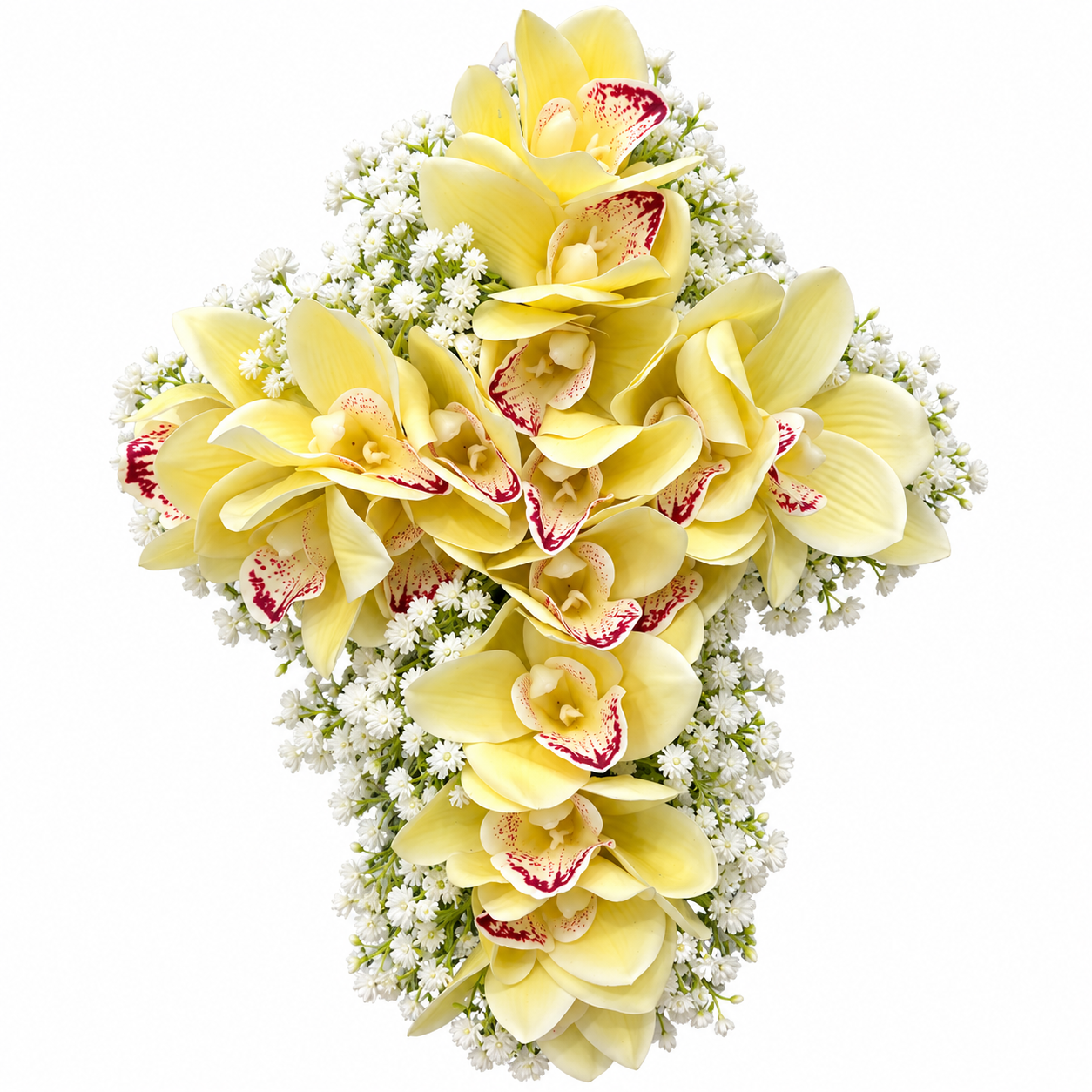 Croce fiori artificiali per cimitero con orchidee gialle in silicone h 35